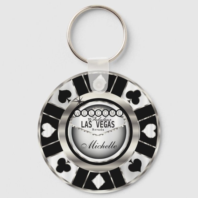 Silver and Black Poker Chip Design - Personalize Keychain (Front)