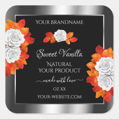 Silver and Black Product Labels Orange White Roses