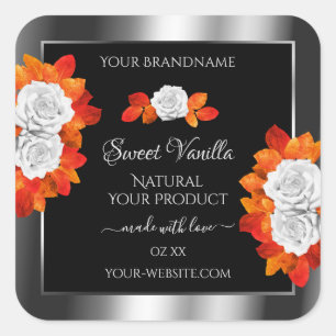 Silver and Black Product Labels Orange White Roses