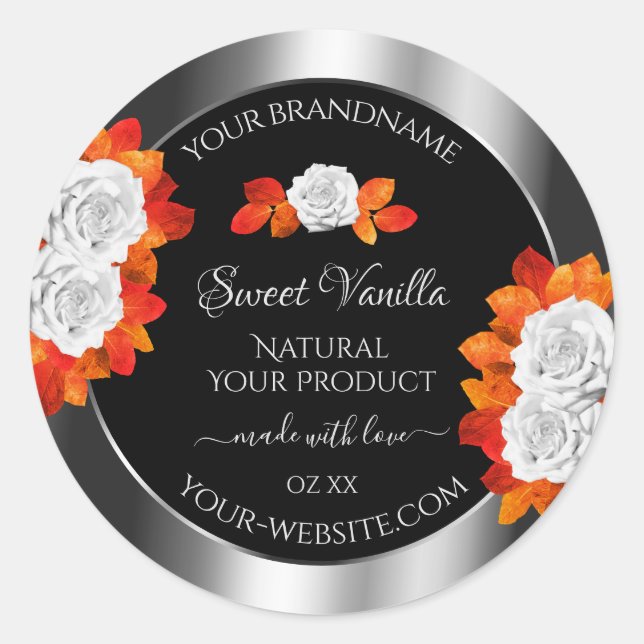 Silver and Black Product Labels Orange White Roses (Front)