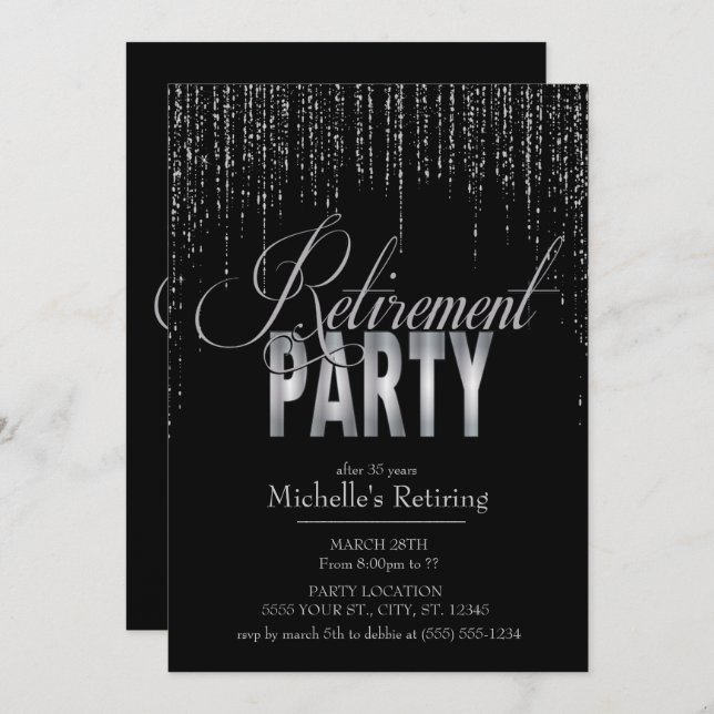Silver and Black Retirement Party Invitations (Front/Back)