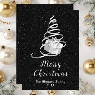 Silver and Black Ribbon Gift Merry Christmas Holiday Card