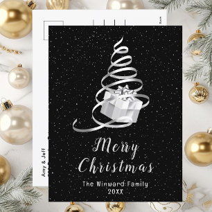 Silver and Black Ribbon Gift Merry Christmas Holiday Postcard
