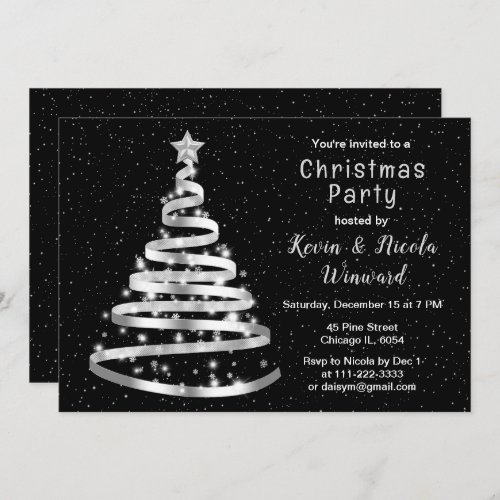 Silver and Black Ribbon Tree Christmas Party Invitation