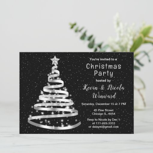Silver and Black Ribbon Tree Christmas Party Invitation Zazzle