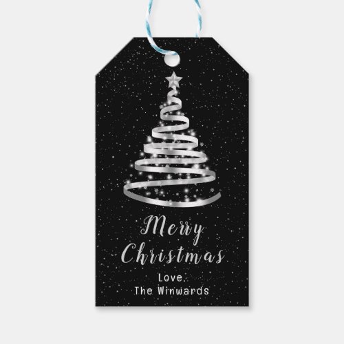Silver and Black Ribbon Tree Merry Christmas Gift Tags