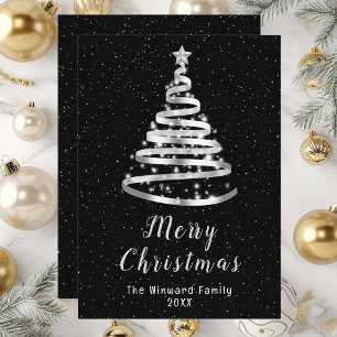 Silver and Black Ribbon Tree Merry Christmas Holiday Card