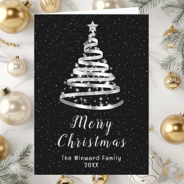 Silver and Black Ribbon Tree Merry Christmas Holiday Card (Creator Uploaded)