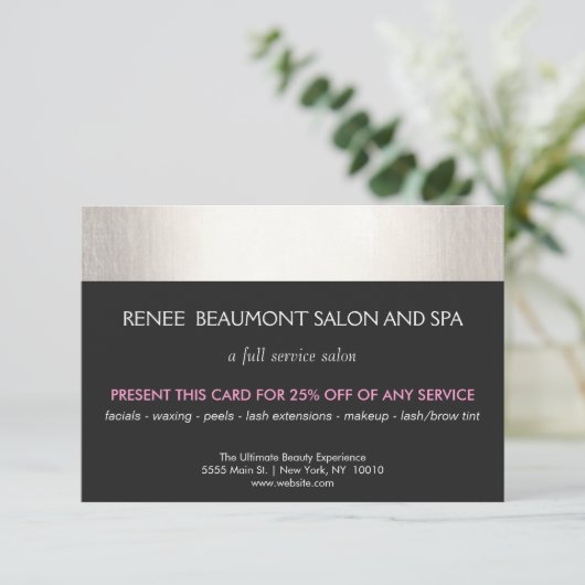 Silver and Black Salon and Spa Customer Coupon (Standing Front)