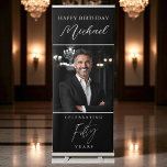 Silver and Black Script Photo 50th Birthday Retractable Banner<br><div class="desc">Celebrate your milestone 50th in sleek style with this black and silver retractable banner. Featuring elegant script typography and space for a personal photo, this design is perfect as a welcome banner, party display, or photo backdrop. The bold black background paired with shimmering silver accents creates a modern, glamorous look...</div>