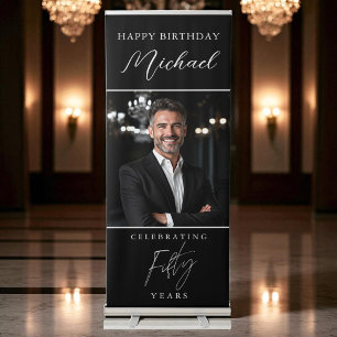 Silver and Black Script Photo 50th Birthday Retractable Banner