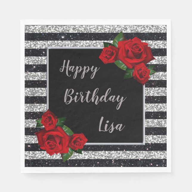 Silver And Black Stripe Glitter Red Roses Birthday Napkins (Front)
