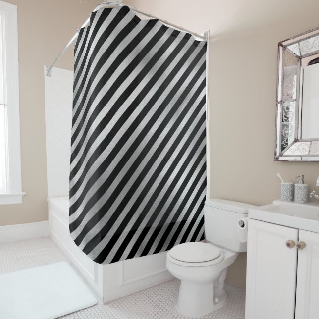 Silver and Black Stripes Shower Curtain (In Situ)