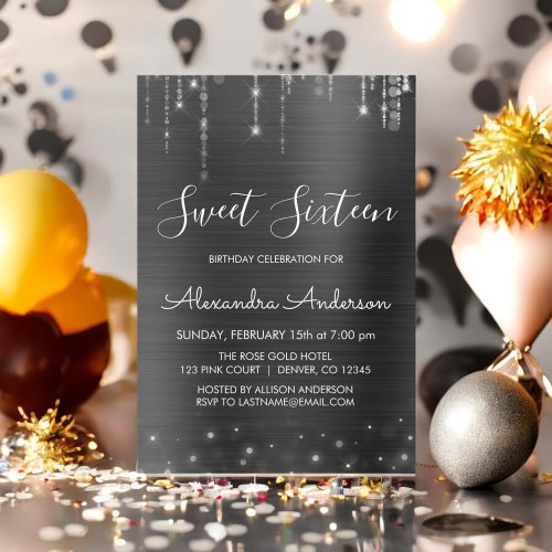 Silver and Black Sweet Sixteen Birthday Invitation