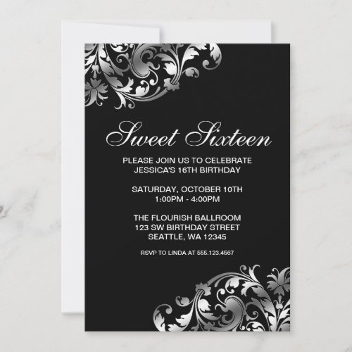 Silver and Black Swirl Flourish Sweet 16 Birthday Custom Invites