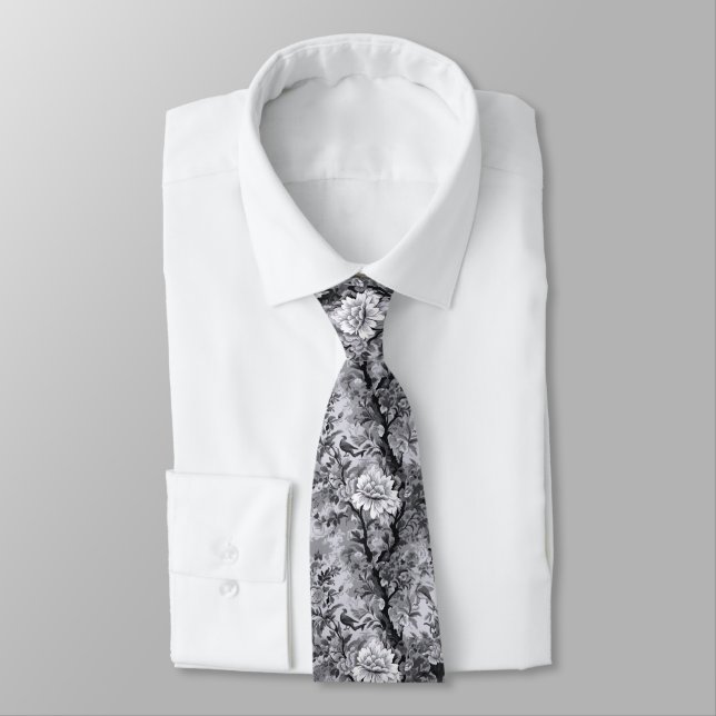 Silver and Black Toile de Fleur Neck Tie (Tied)