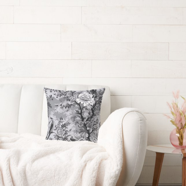 Silver and Black Toile de Fleur Throw Pillow (Couch)