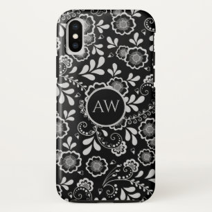 Silver and Black Victorian Floral Lace Monogram iPhone XS Case