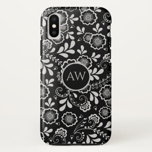 Silver  and Black Victorian Floral Lace Monogram iPhone XS Case