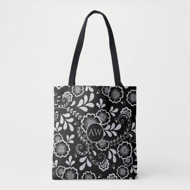 Silver and Black Victorian Lace Monogram Tote Bag (Front)
