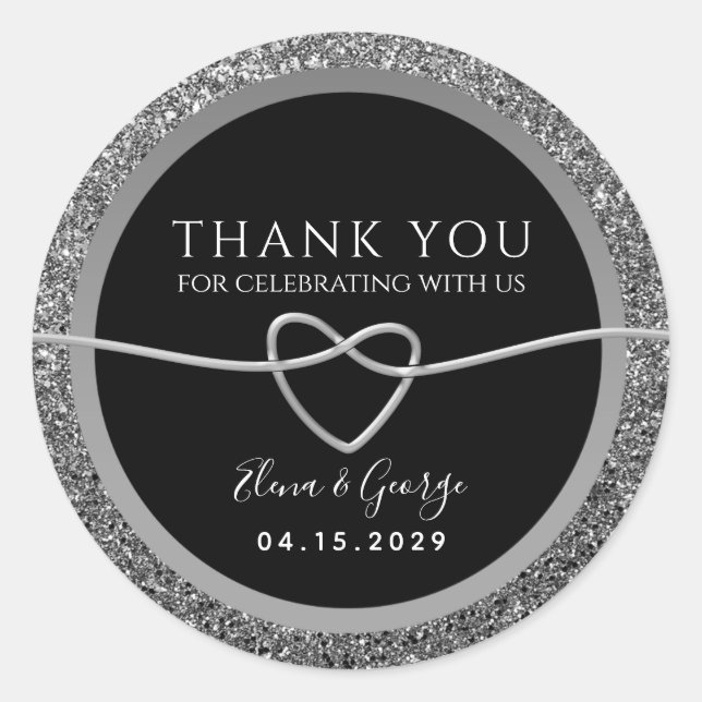 Silver and Black Wedding Thank You Favor Classic Round Sticker (Front)