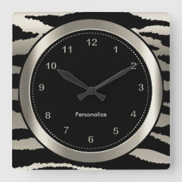 Silver and Black Zebra Stripe Print Square Wall Clock