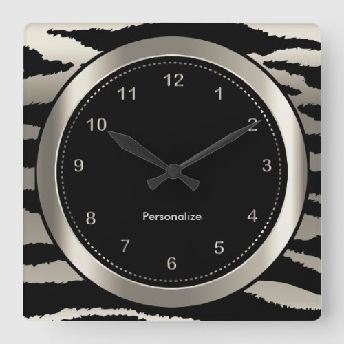 Silver and Black Zebra Stripe Print Square Wall Clock