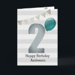 Silver and Blue 2nd Birthday Boy Card<br><div class="desc">A silver and blue 2nd birthday boy card, which you can personalize with his name. The front of this modern 2nd birthday card for him features the number two in a blue striped design with a blue balloon ready to float away. The background is a soft white and grey with...</div>