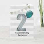 Silver and Blue 2nd Birthday Boy Card<br><div class="desc">A silver and blue 2nd birthday boy card, which you can personalize with his name. The front of this modern 2nd birthday card for him features the number two in a blue striped design with a blue balloon ready to float away. The background is a soft white and grey with...</div>