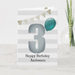 Silver and Blue 3rd Birthday Card<br><div class="desc">A silver and blue happy 3rd birthday card for the birthday boy, which you can personalize the front with his name. The front of this modern 3rd birthday card for him features the number three in a blue striped design with a blue balloon ready to float away. The background is...</div>