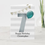 Silver and Blue 7th Birthday Card<br><div class="desc">A silver and blue happy 7th birthday card for boys, which you can personalize the front with his name. The front of this striped 7th birthday card for him features the number seven in a blue striped design with a blue balloon ready to float away. The background is a soft...</div>