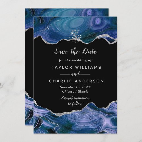 Silver and Blue Agate Wedding Save The Date