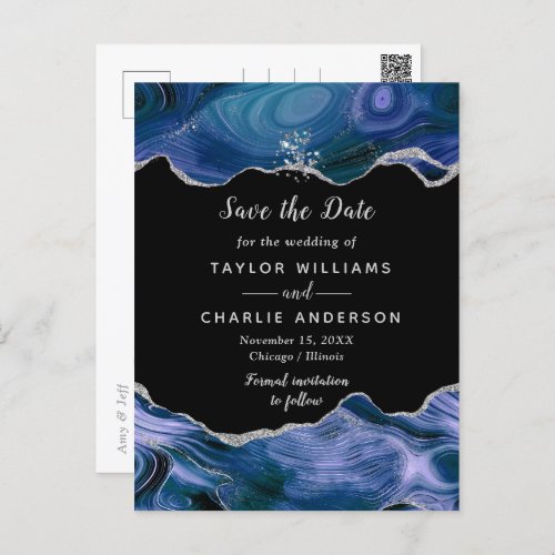 Silver and Blue Agate Wedding Save The Date Postcard