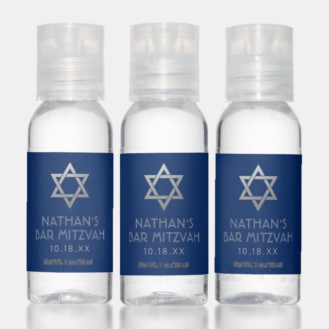 Silver and Blue Bar Mitzvah Custom Bottles of Hand Sanitizer (Set)