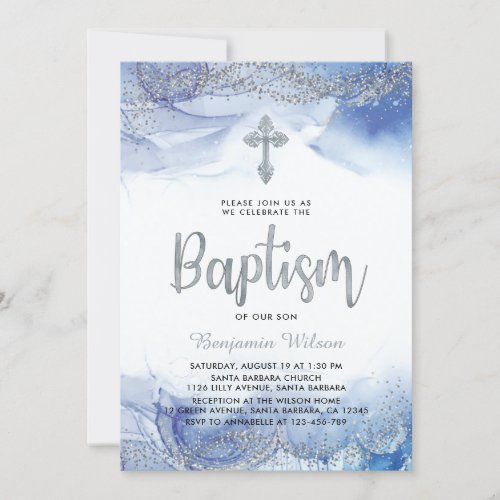 Silver And Blue Boy Baptism Invitation