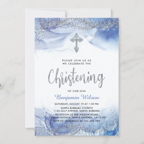 Silver And Blue Boy Christening Invitation