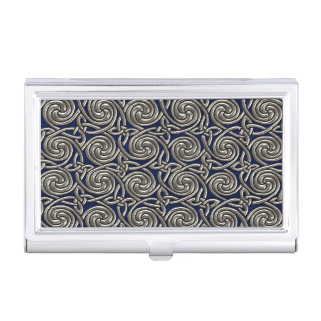 Silver And Blue Celtic Spiral Knots Pattern Business Card Case (Front)