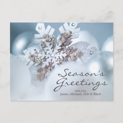 Silver And Blue Christmas ornaments in snow Holiday Postcard