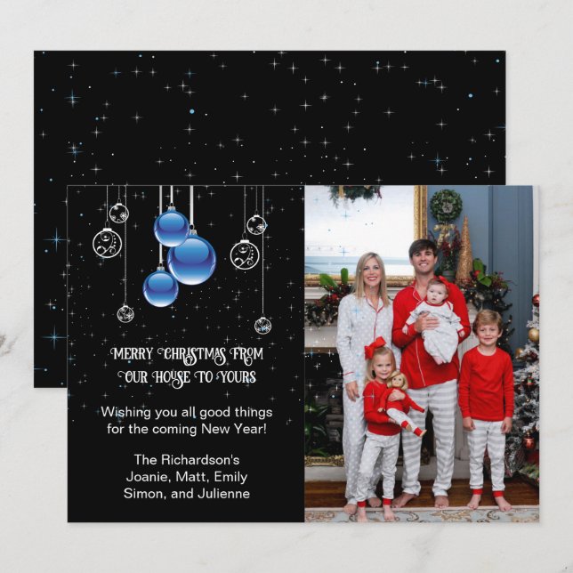 Silver and Blue Christmas Ornaments Sparkle Photo Holiday Card (Front/Back)