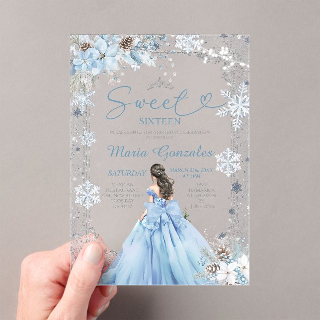 Silver and Blue Christmas Sweet Sixteen Birthday Acrylic Invitations (Insitu (Handheld))