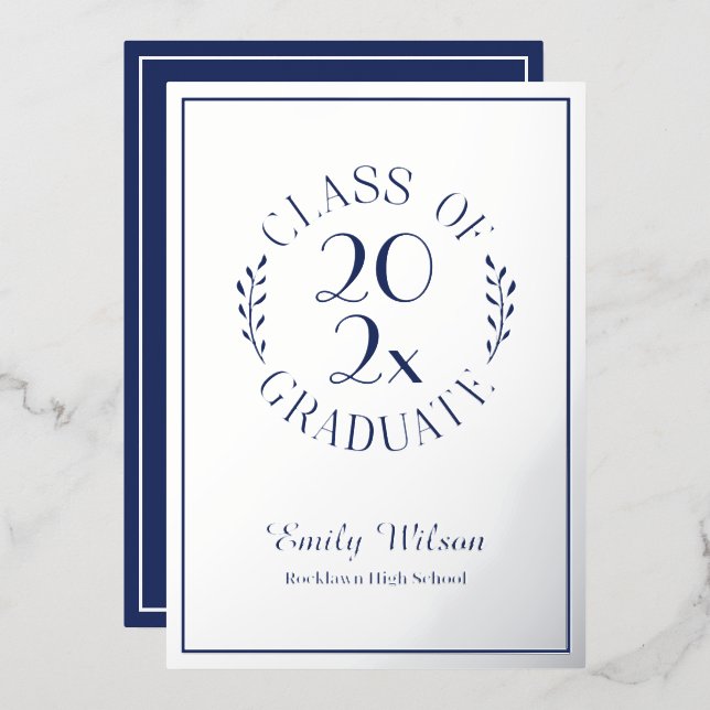 Silver and Blue Class Of Year Graduation Party Foil Invitation (Front/Back)