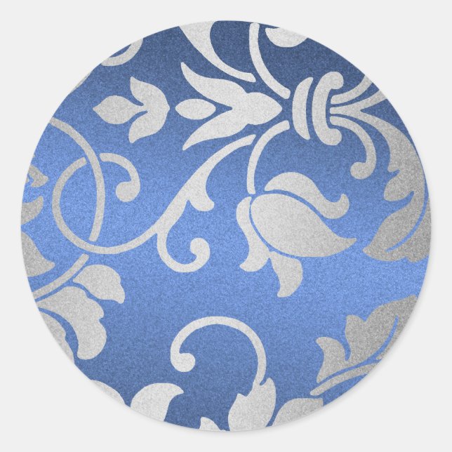 Silver and Blue Damask Design Classic Round Sticker (Front)