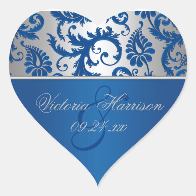 Silver and Blue Damask Heart Shaped Sticker (Front)