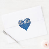 Silver and Blue Damask Heart Shaped Sticker (Envelope)