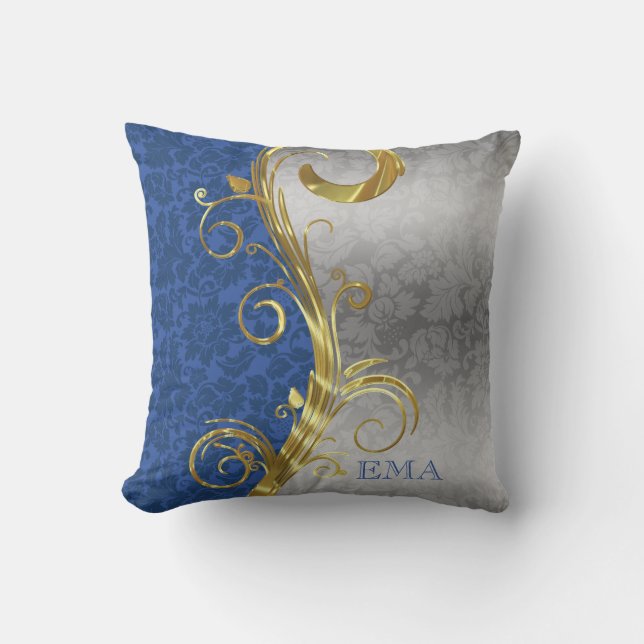 Silver And Blue Damask Throw Pillow (Front)