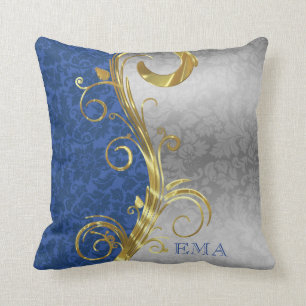 Silver And Blue Damask Throw Pillow