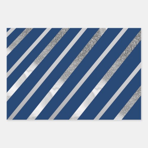 Silver and Blue Diagonal Stripes Pattern  Wrapping Paper Sheets