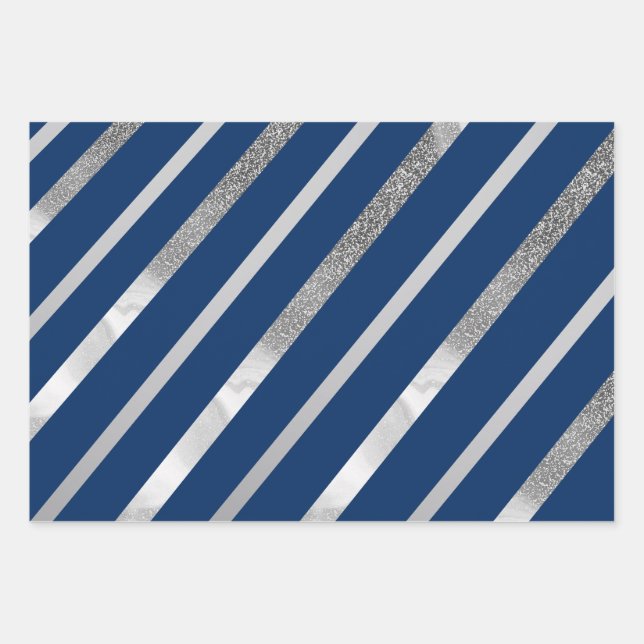 Silver and Blue Diagonal Stripes Pattern  Wrapping Paper Sheets (Front)