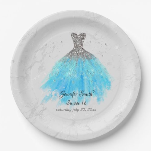 Silver and blue dress glitter sweet sixteen paper plates