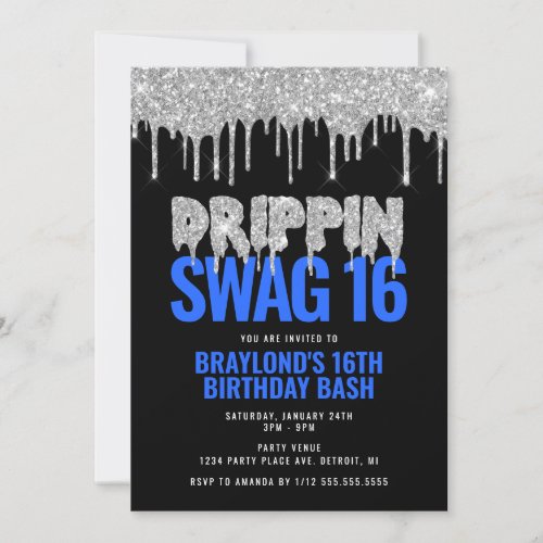 Silver and Blue Drippin Swag 16 Birthday  Invitation